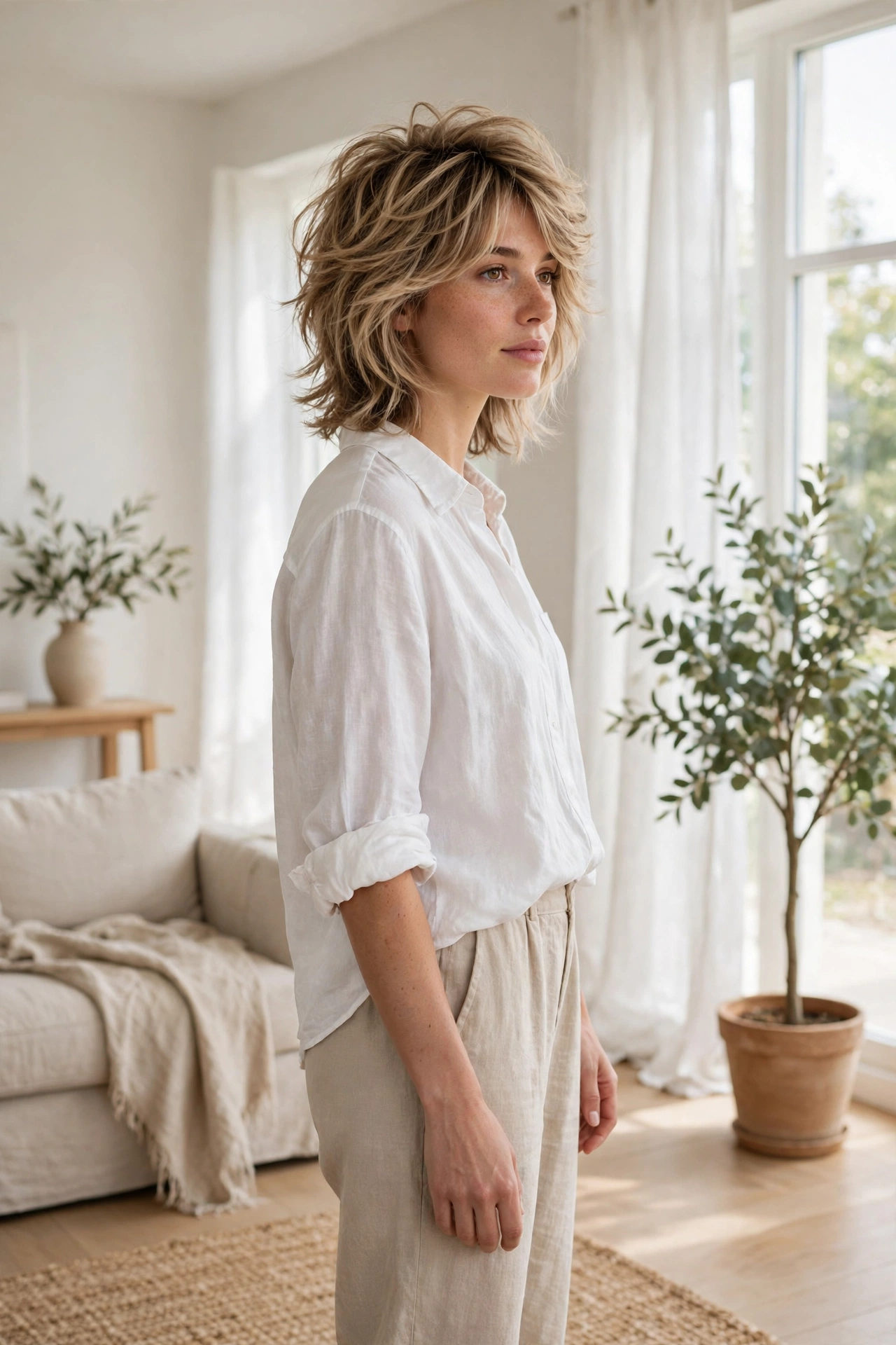 A woman with a root-lifted shag for fine hair with a full crown and soft layers, standing in a bright airy room with natural window light, photographed from a three-quarter angle so the lift and layered shape are clearly visible, in a clean bright style.