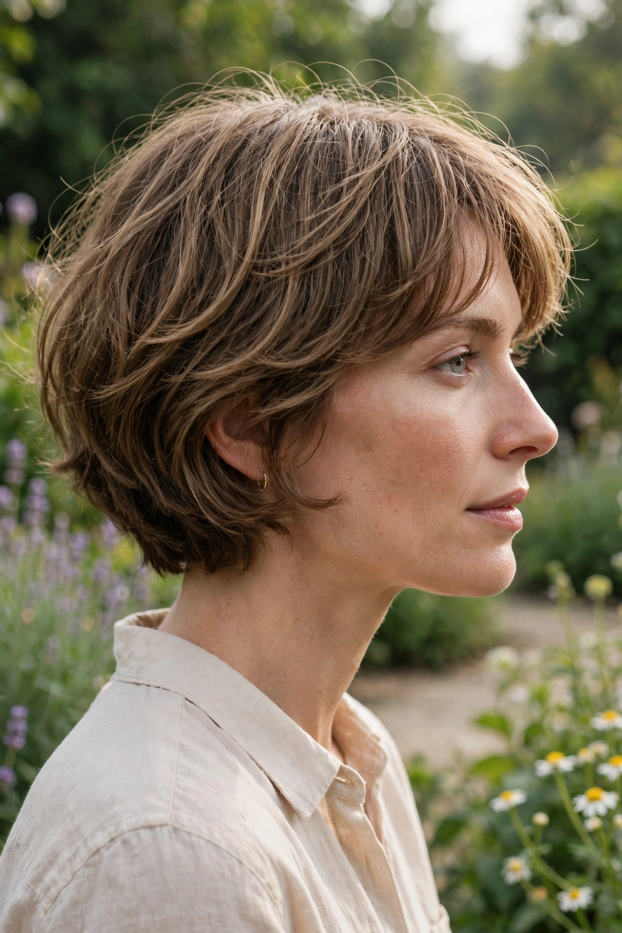 A woman with a compact bob-length shag for fine hair, photographed outdoors in soft morning daylight in a garden, with rounded layers and a fuller-looking outline, shot from the side at eye level, in a clean bright style.