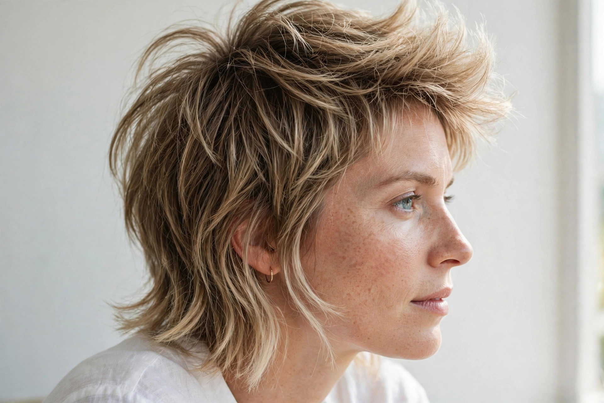 A close-up side view of a woman with a shag with a short crown shelf for fine hair, showing lifted top layers and light ends, against a light neutral background with soft daylight, in a clean bright style.