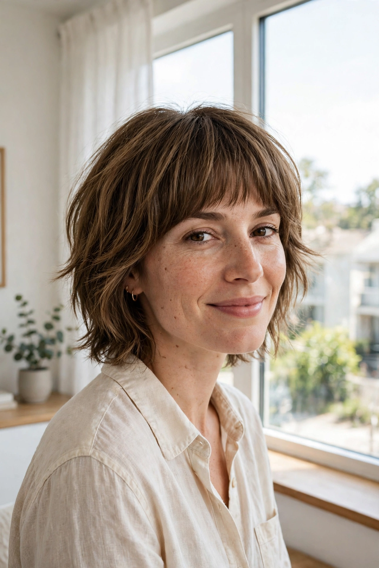 A woman with a shag with a full fringe for fine hair smiling softly, photographed indoors near a large bright window, showing a denser-looking hairline from a front three-quarter angle, in a clean bright style.
