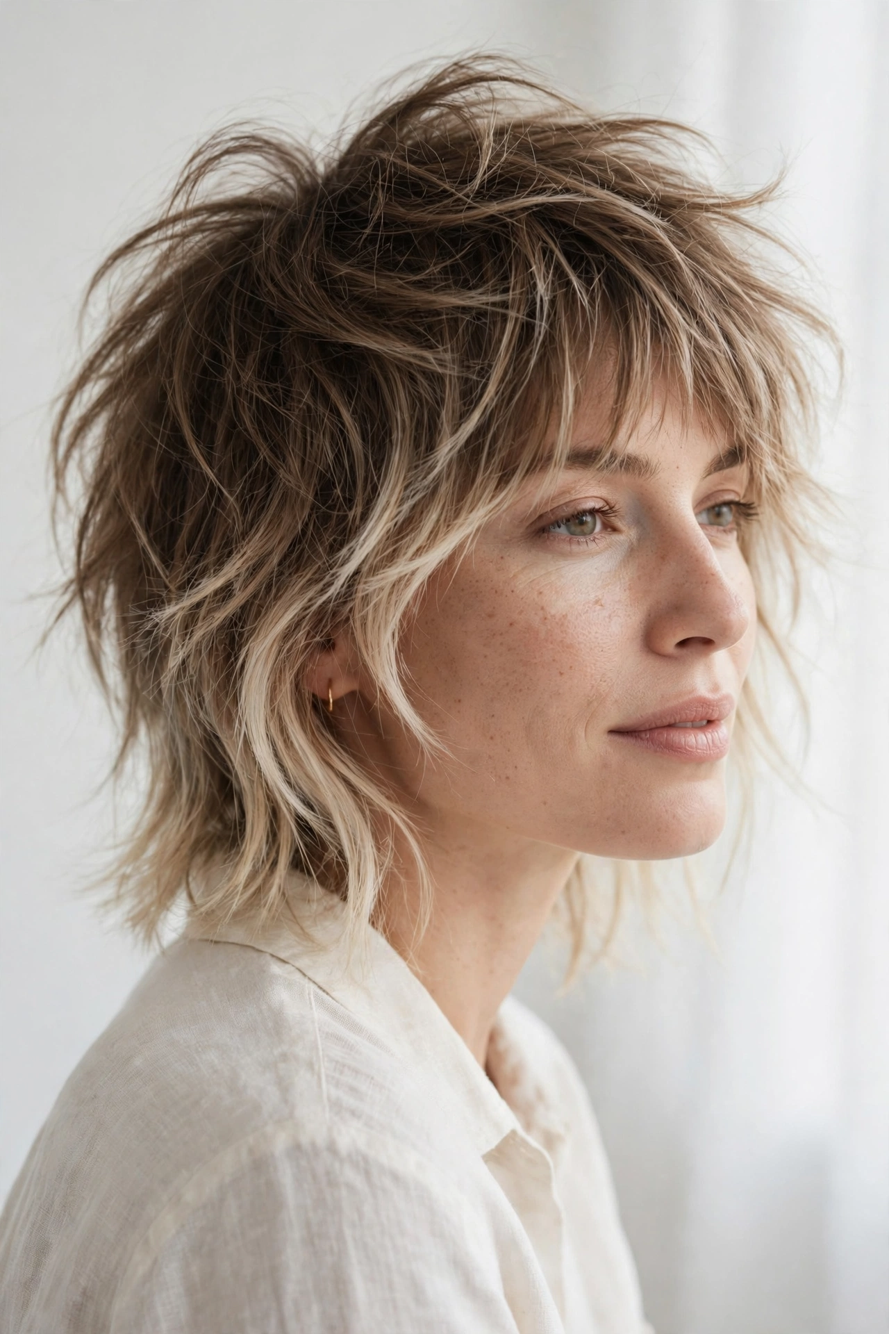 A woman with a shag with a feathered top and light ends for fine hair, photographed in a bright minimal studio with soft diffused lighting, from a three-quarter angle, in a clean bright style.