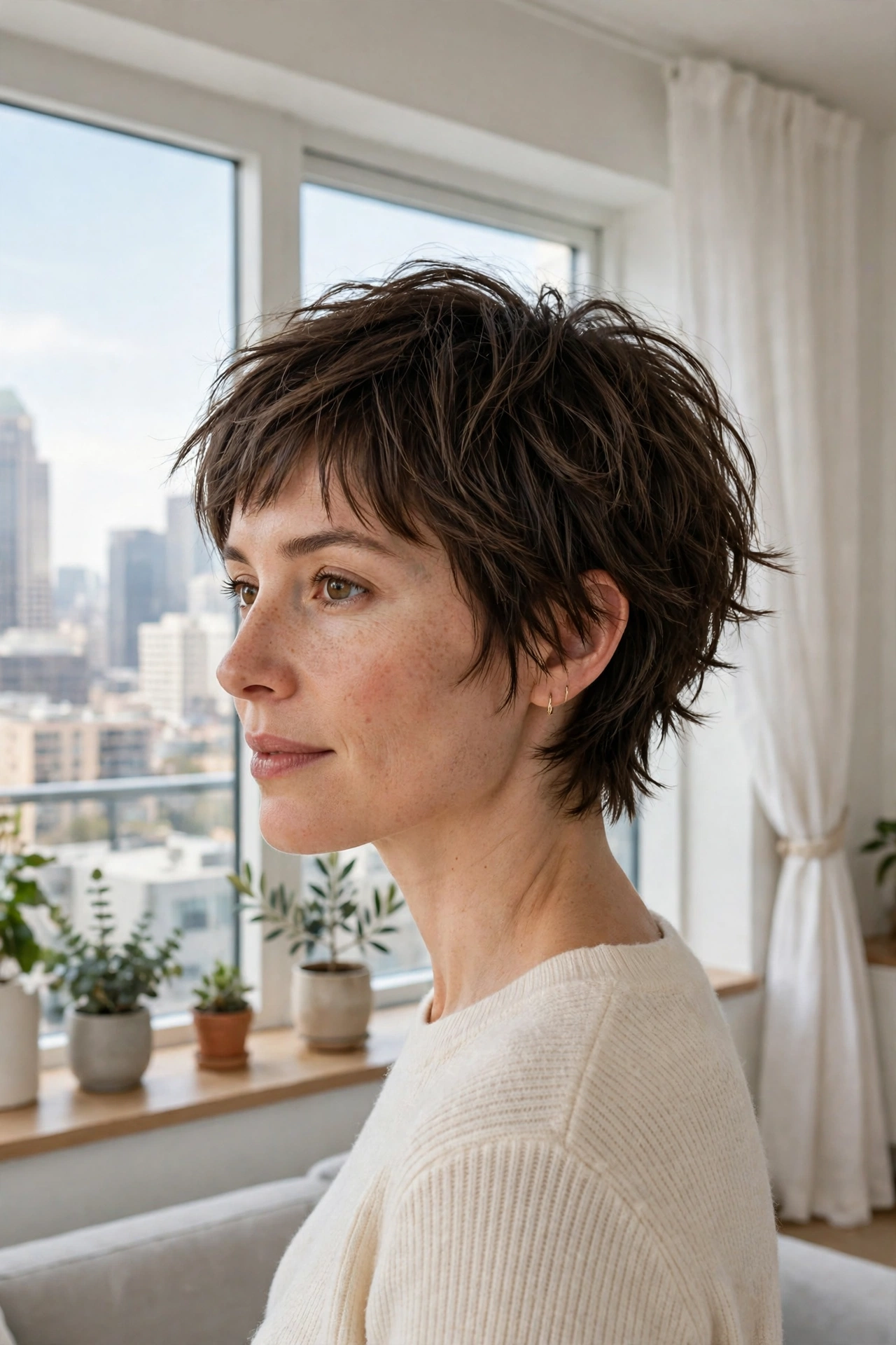A woman with a jaw-skimming short shag haircut with ragged, textured ends, standing in a bright city apartment near a large window with soft daylight, three-quarter angle, clean bright style.