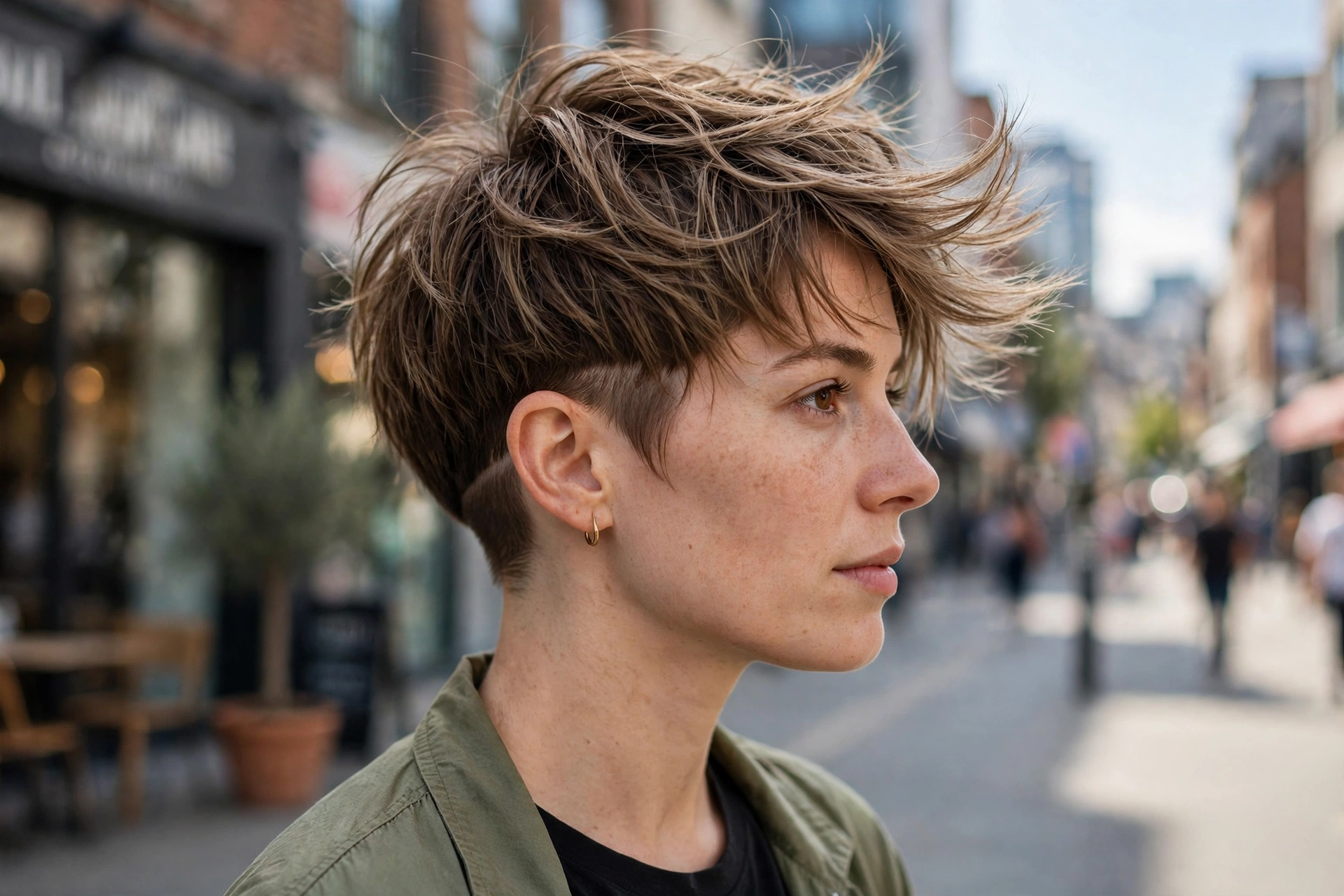 A woman with a cropped short shag with a hidden undercut, outdoors in daylight on a city street, layered top showing movement and neat nape visible from the side, eye level, clean bright style.