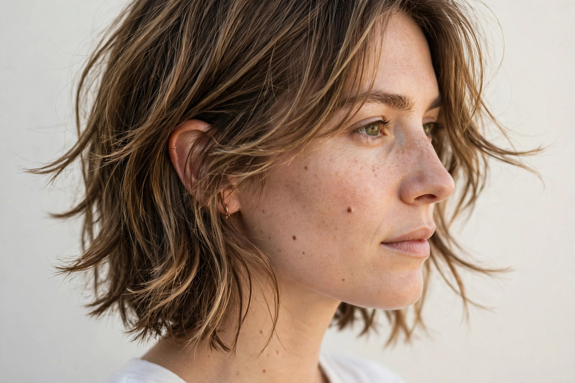 Close-up side view of a woman with an ear-length shag with flicked tips, defined separated strands against a light neutral background with soft daylight, clean bright style.