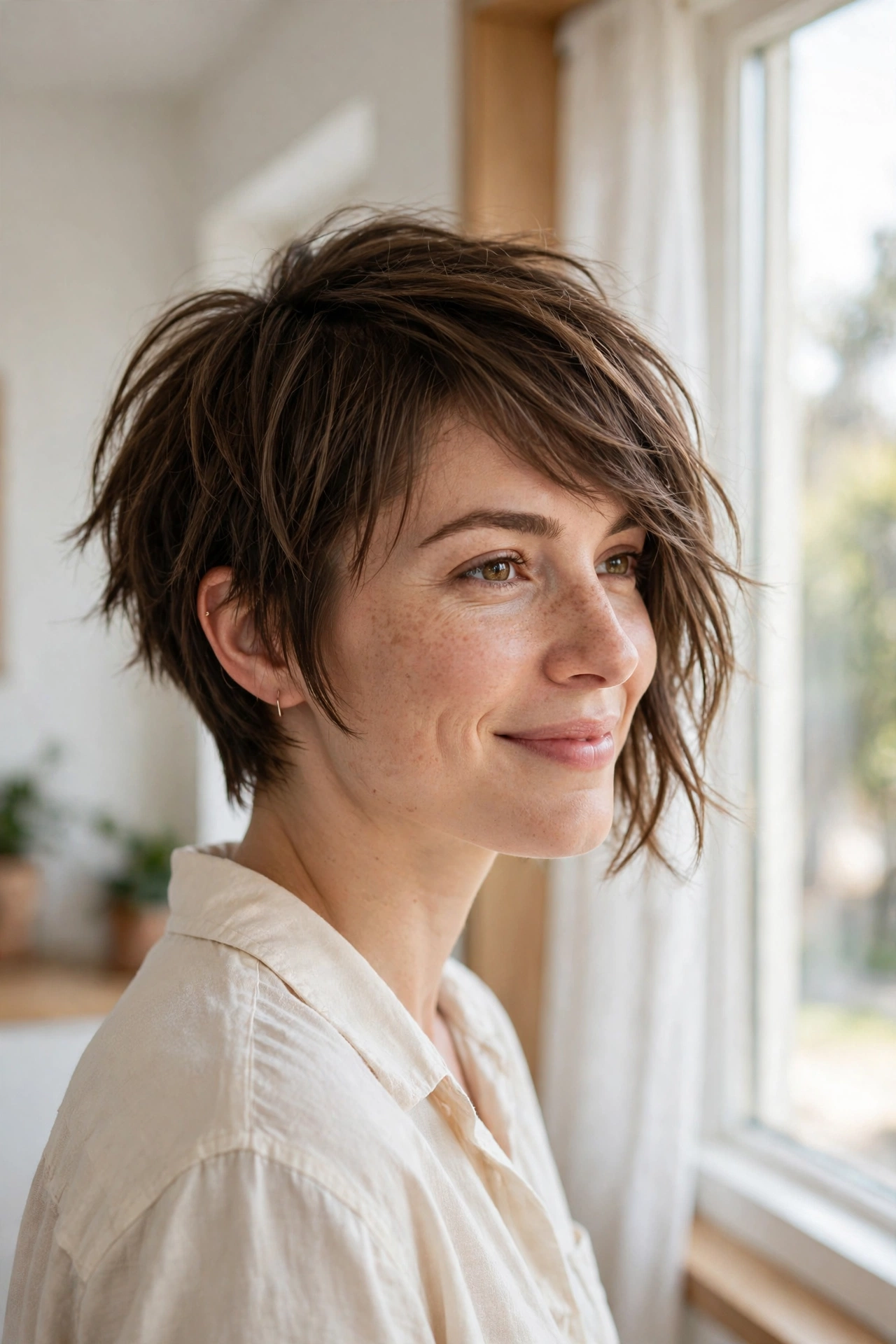 A woman with an asymmetrical short shag with one longer side, smiling softly indoors near a bright window, bold uneven silhouette from a front three-quarter angle, clean bright style.