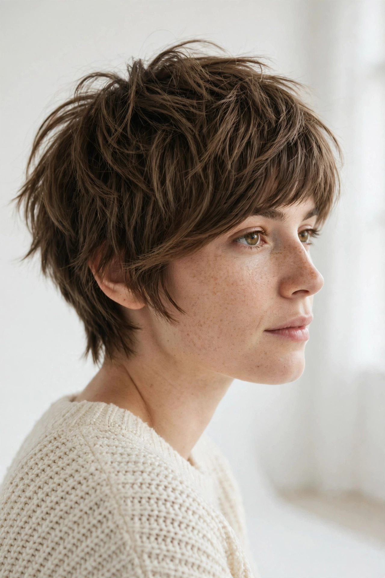 A woman with a short shag with a bold sweeping fringe and textured top, in a bright minimal studio with soft diffused lighting, three-quarter angle, clean bright style.