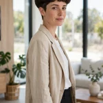 A woman with a short wolf cut with a rounded mushroom-like top and tapered sides, standing in a bright modern room with large windows and soft daylight, three-quarter angle, clean bright style.