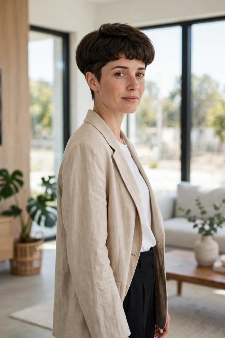 A woman with a short wolf cut with a rounded mushroom-like top and tapered sides, standing in a bright modern room with large windows and soft daylight, three-quarter angle, clean bright style.