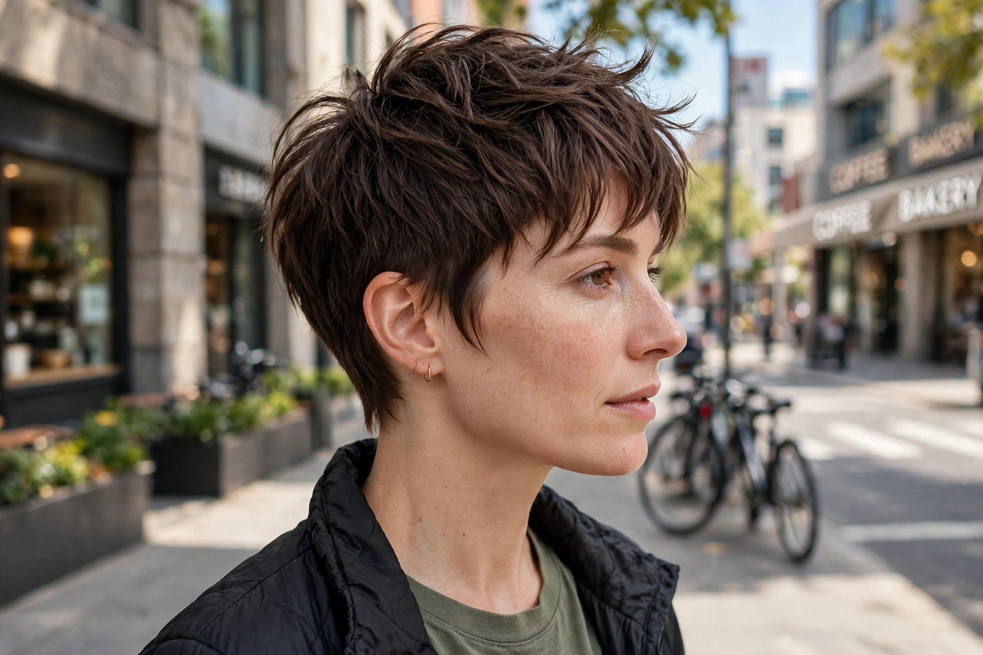 A woman with a short wolf cut with a pixie-wolf blend, outdoors in bright daylight on a city street, neat side profile and wild layered top, eye level, clean bright style.