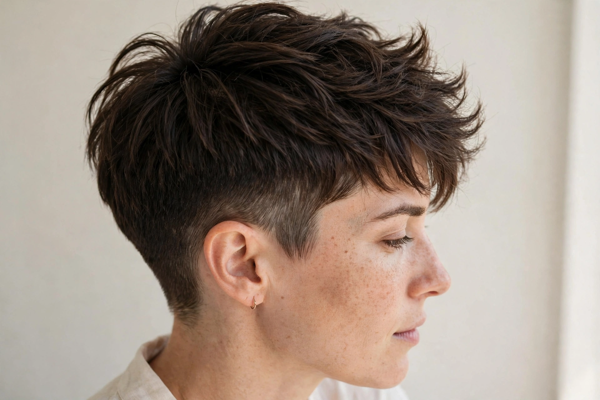 Close-up side view of a woman with a short wolf cut with a tapered ear outline, sculpted close sides and full top against a light neutral background with soft daylight, clean bright style.