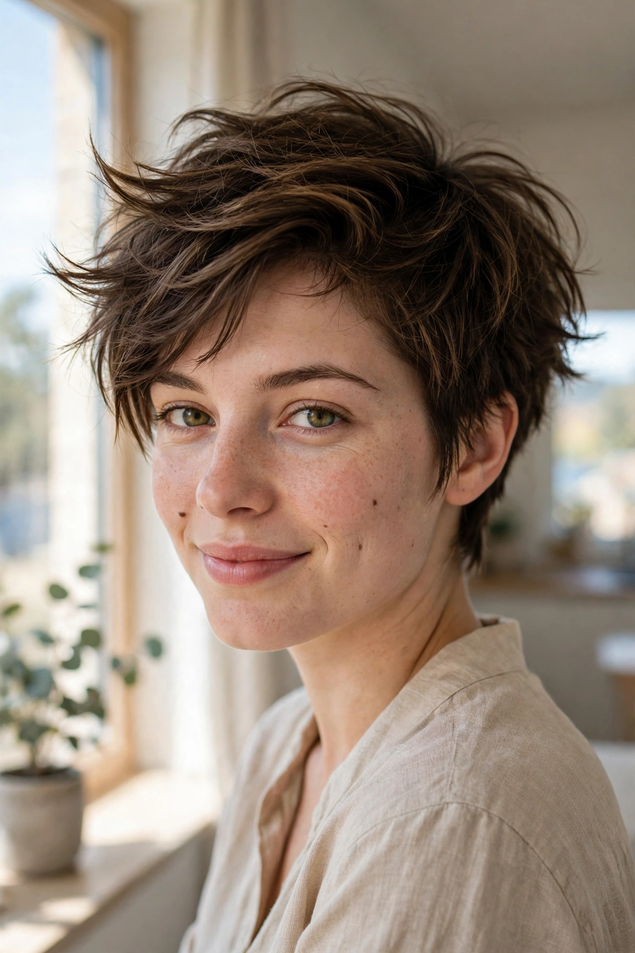 A woman with a short wolf cut with a side-swept wild top, smiling softly indoors near a bright window, windswept compact shape from a front three-quarter angle, clean bright style.