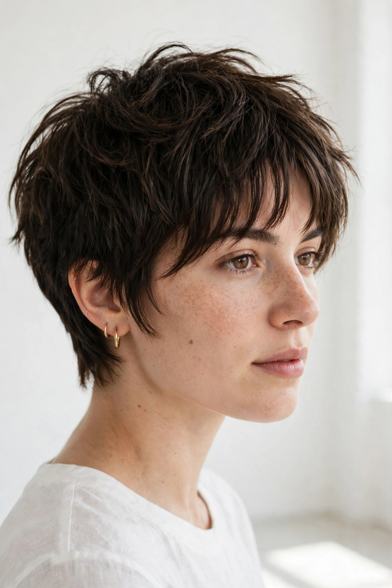 A woman with a short wolf cut with a short curtain top and tapered back, in a bright minimal studio with soft diffused lighting, three-quarter angle, clean bright style.