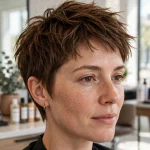 A woman with a short, piecey textured crop in warm medium brown, standing in a bright modern salon with soft daylight, shown from the shoulders up at a slight angle, with choppy layers and natural movement clearly visible.
