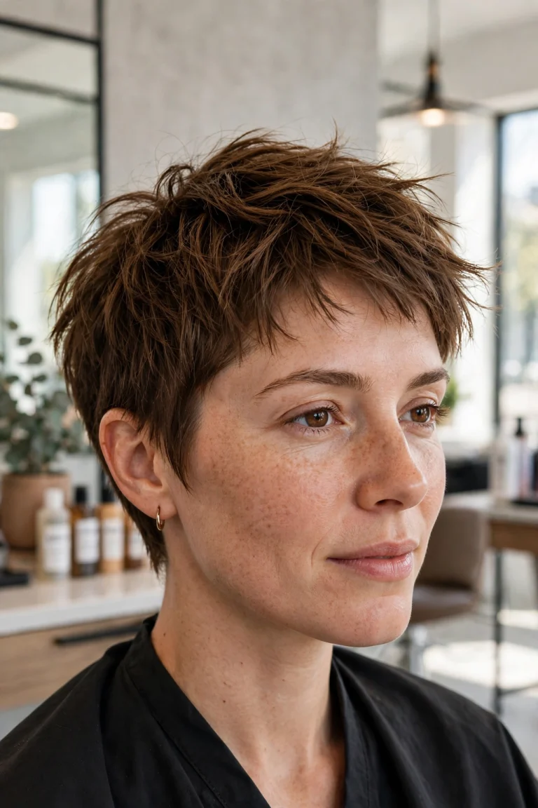 A woman with a short, piecey textured crop in warm medium brown, standing in a bright modern salon with soft daylight, shown from the shoulders up at a slight angle, with choppy layers and natural movement clearly visible.