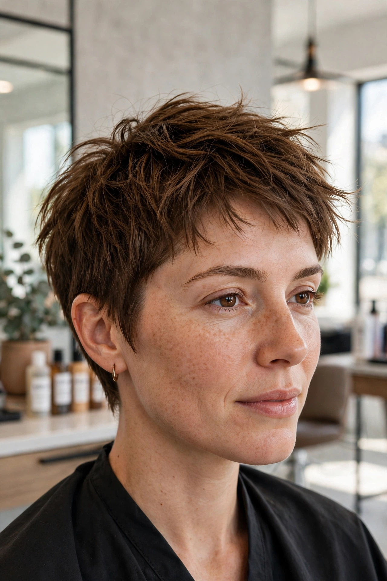 A woman with a short, piecey textured crop in warm medium brown, standing in a bright modern salon with soft daylight, shown from the shoulders up at a slight angle, with choppy layers and natural movement clearly visible.