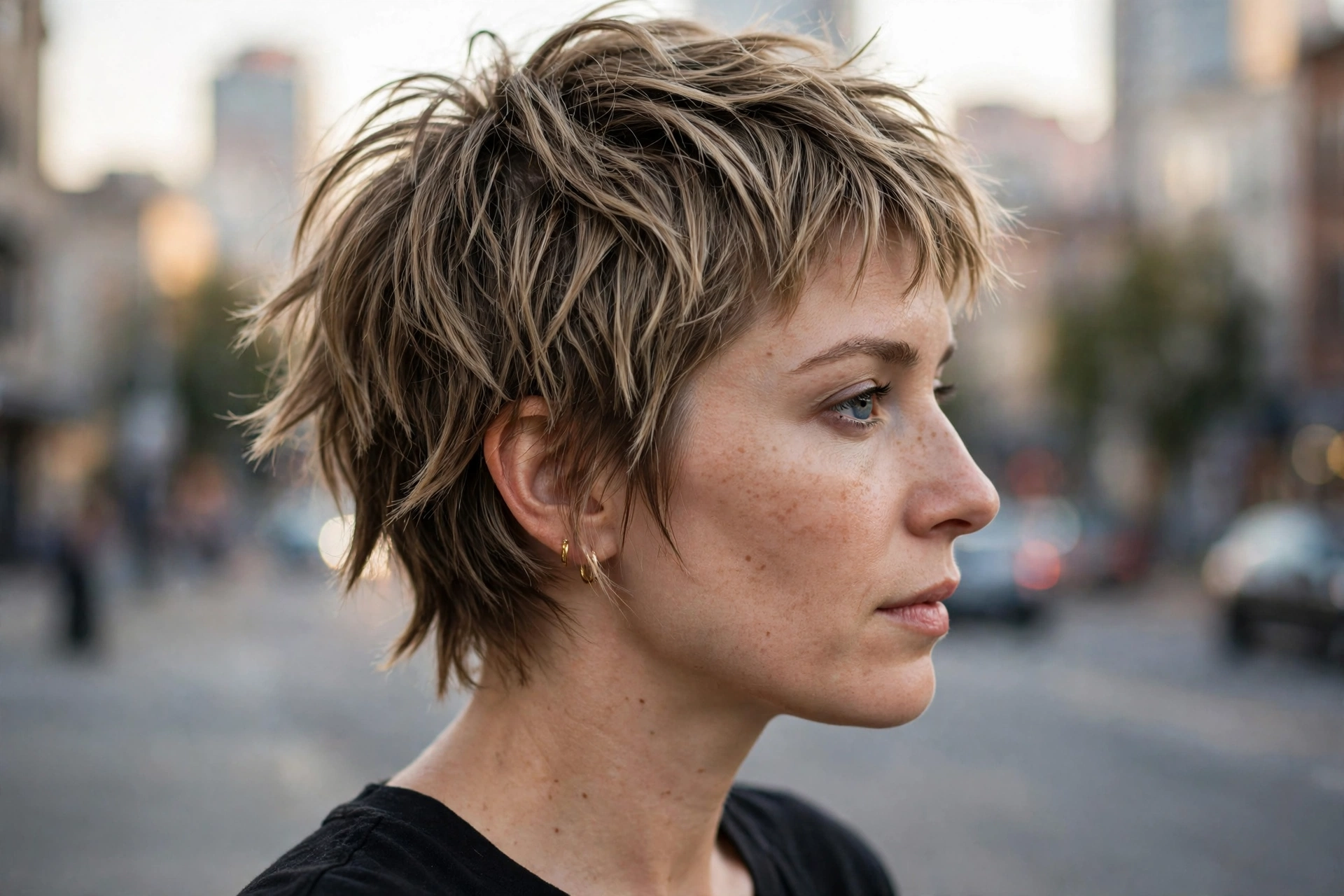 Close-up side view of a woman with a ragged-edge textured crop in dark blonde, photographed outdoors in soft afternoon light against a blurred city background, showing the separated, feathered ends.