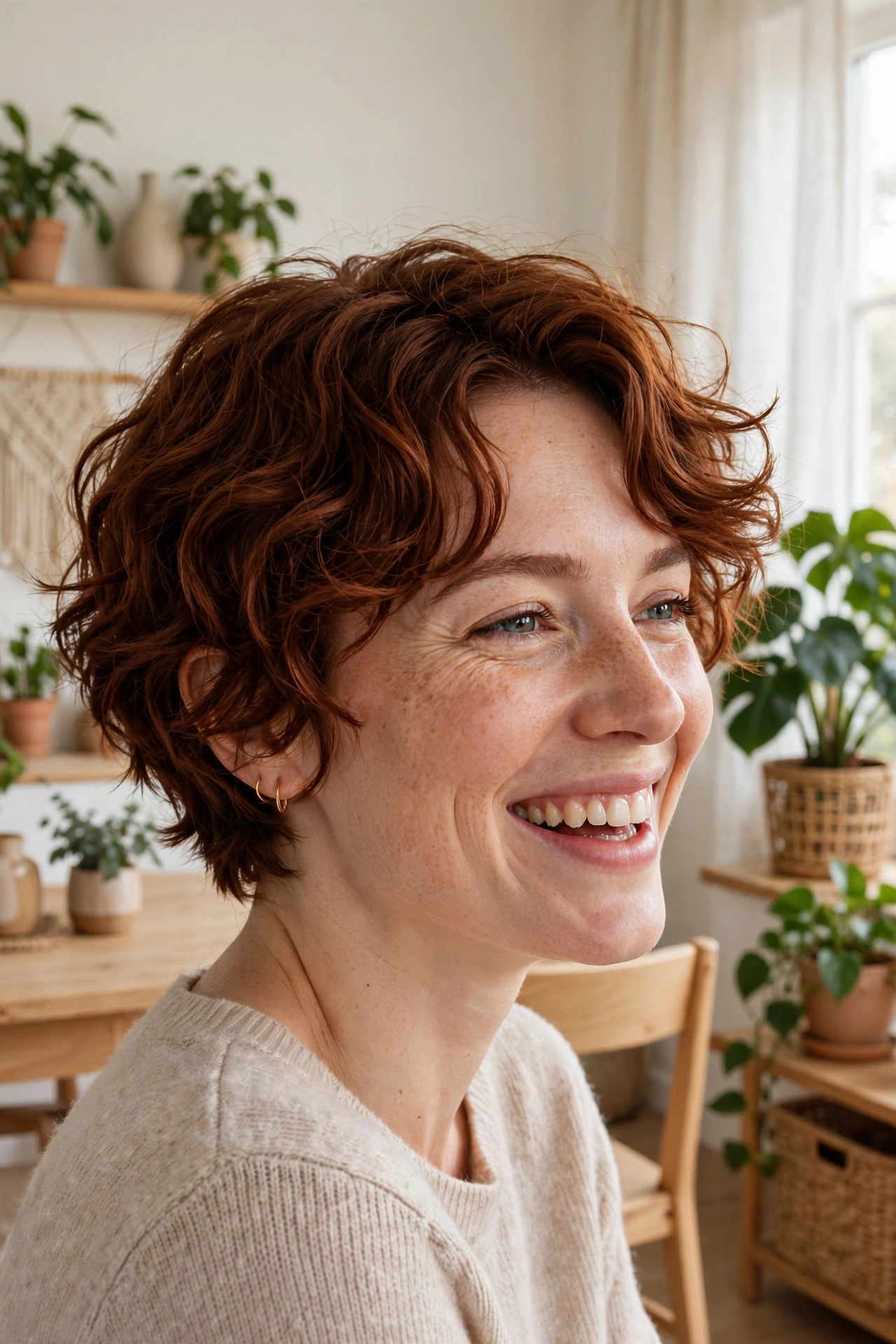 A woman with a wavy textured crop in rich auburn, laughing gently in a bright living room with plants and light wooden furniture, shown chest-up with natural wave and volume around the face.