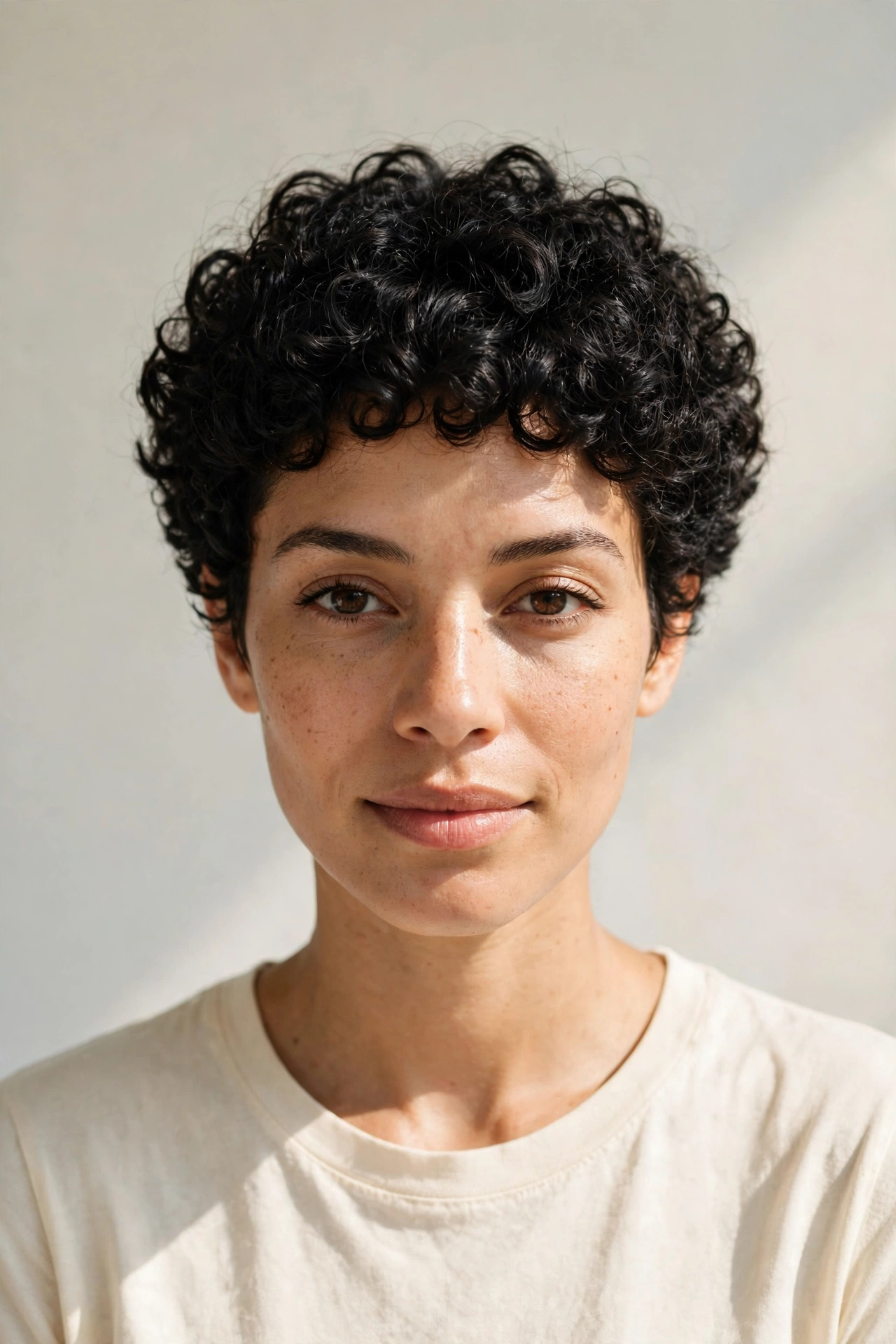 A woman with a curly textured crop in deep black, photographed in a sunlit studio with a plain light background, front-facing and shoulders up, with defined curls and a rounded shape.