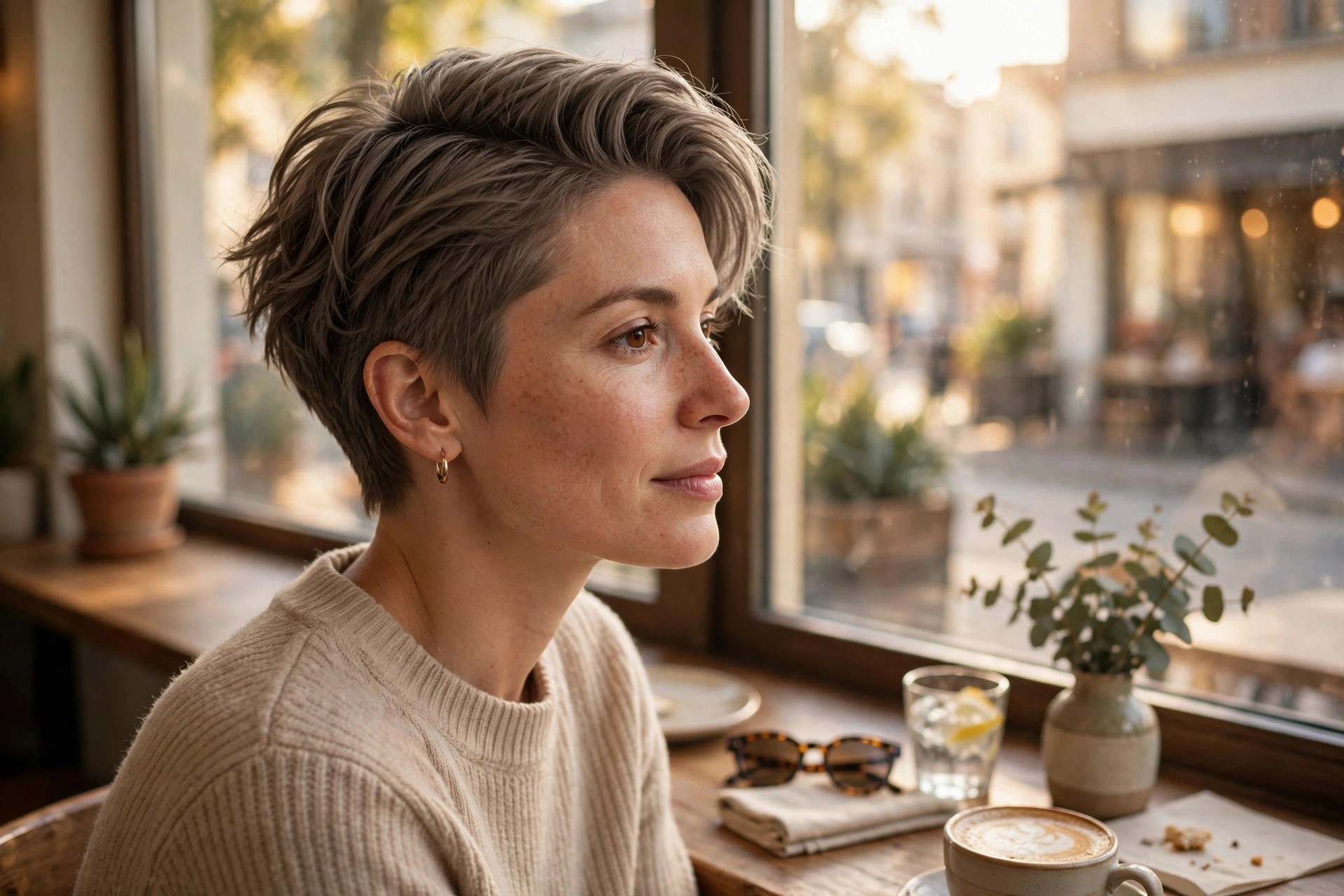 A woman with a sleek-top textured crop in ash brown, sitting at a cafe table by a window in warm daylight, shown in three-quarter view, with a smooth crown and piecey ends.