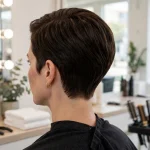A woman with a short tapered cut in glossy dark brown, photographed from a three-quarter back angle in a bright salon, showing the clean graduated neckline and a smooth, full top.