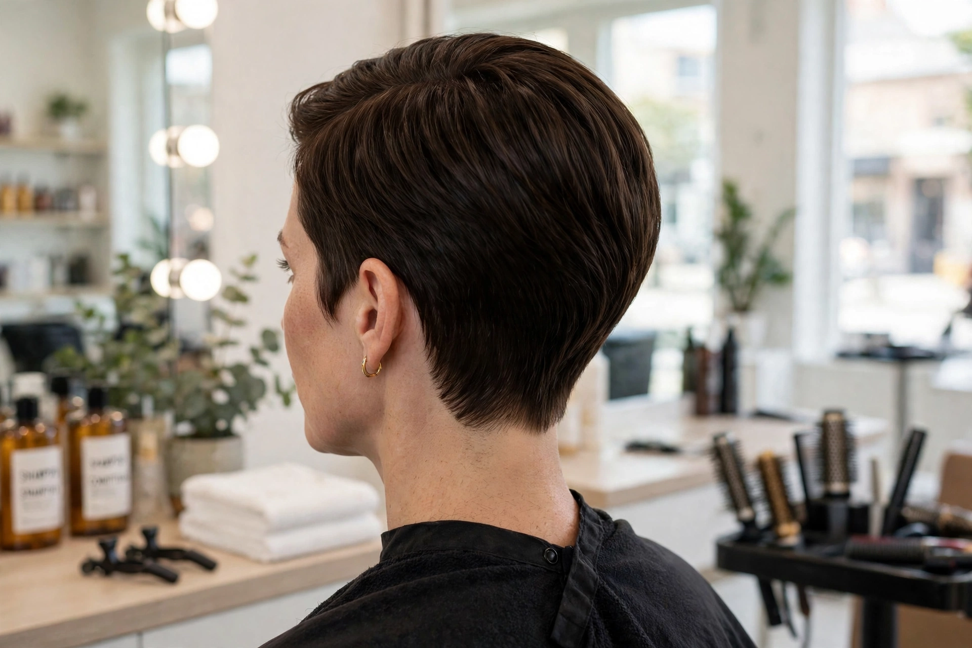 A woman with a short tapered cut in glossy dark brown, photographed from a three-quarter back angle in a bright salon, showing the clean graduated neckline and a smooth, full top.