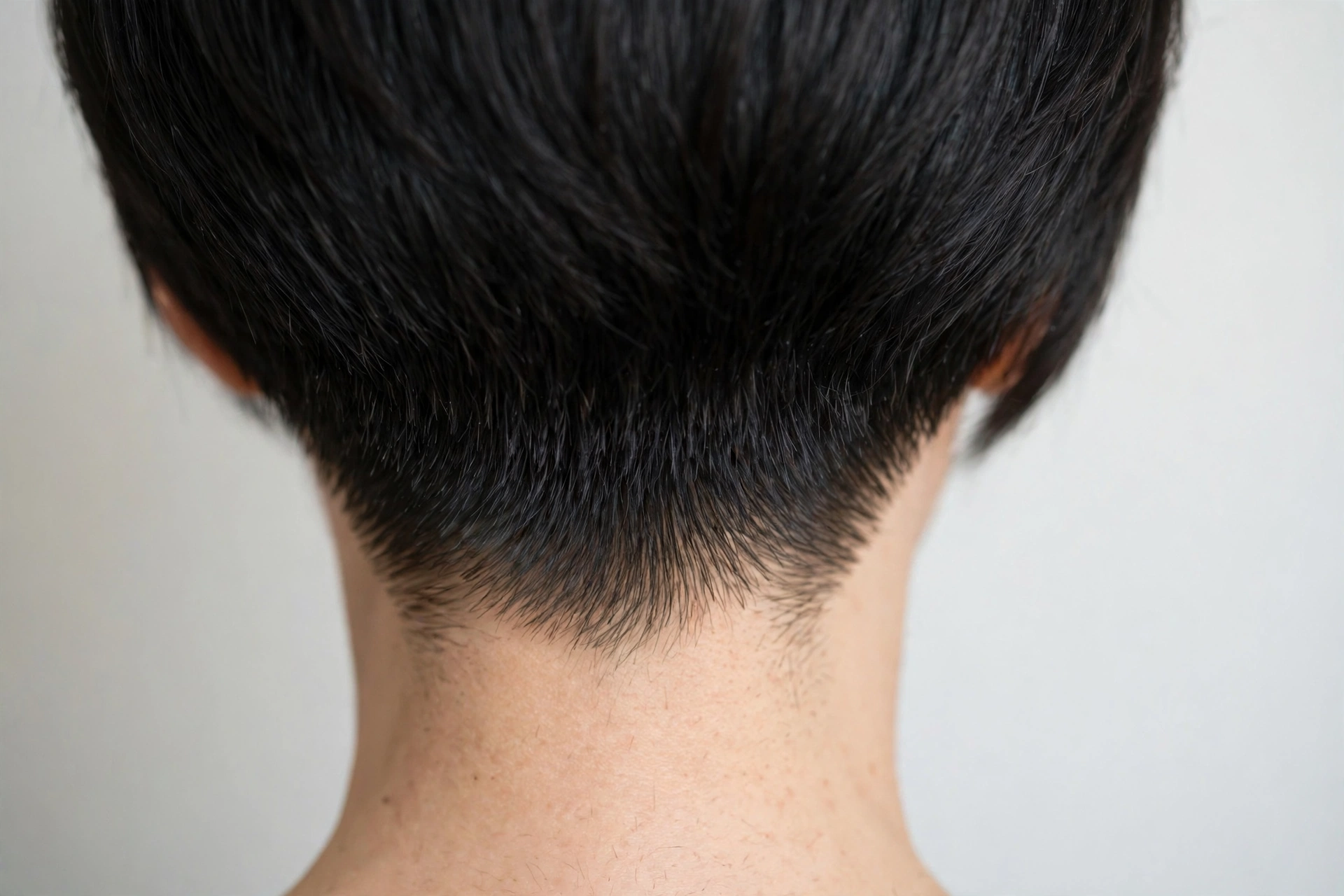 Close-up of the back of a woman's head showing a neatly tapered nape in black hair, photographed in soft studio light against a plain light background, with the graduation clearly visible.