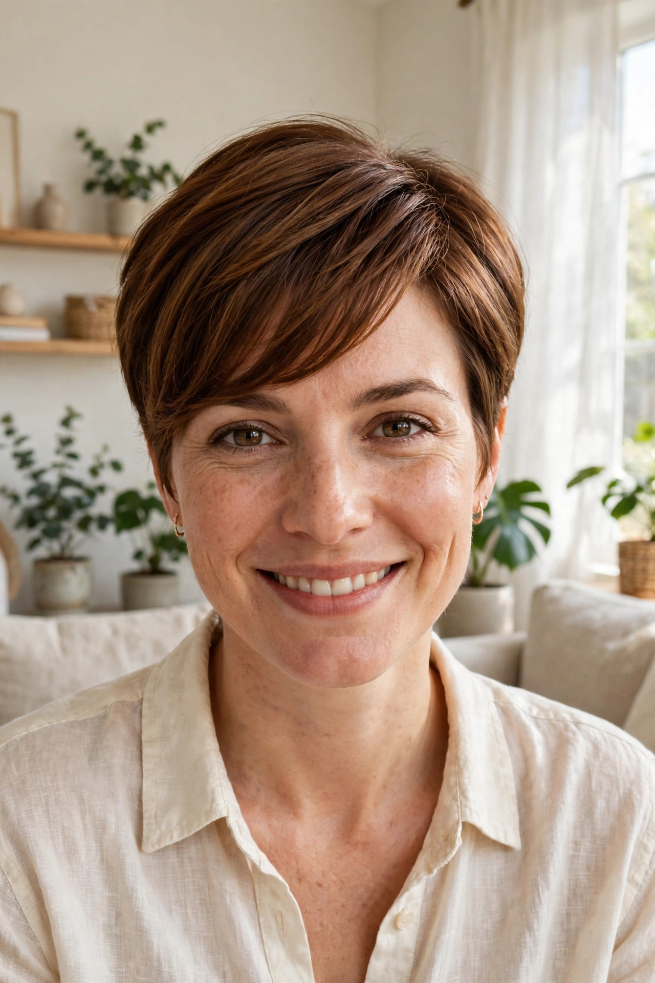 A woman with a tapered cut and a swept fringe in warm chestnut, smiling in a bright living room with daylight from a window, shown chest-up from the front.