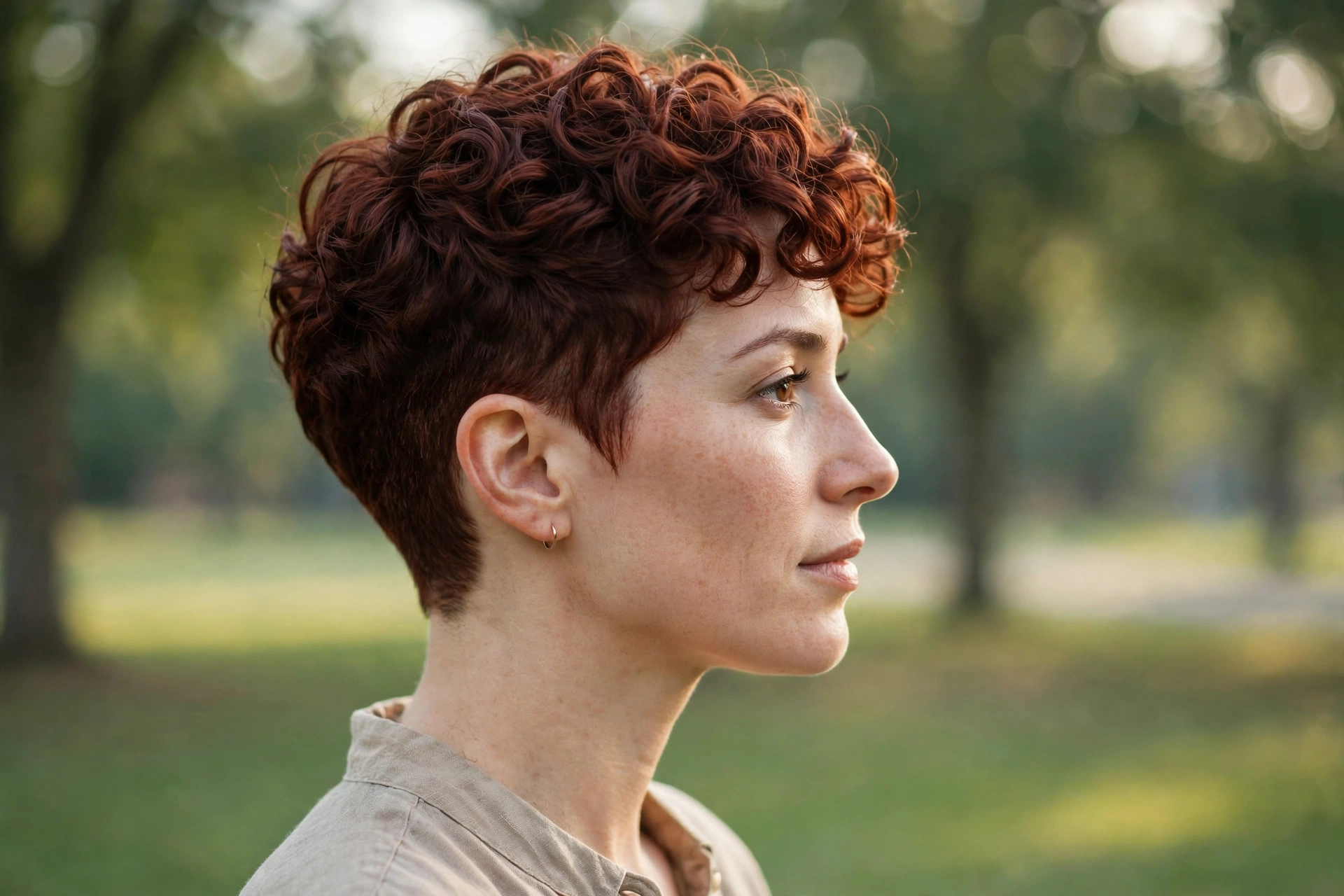 A woman with a curly tapered cut in deep auburn, photographed outdoors in gentle morning light in a park with blurred greenery, shown in side profile with defined curls and tidy tapered sides.