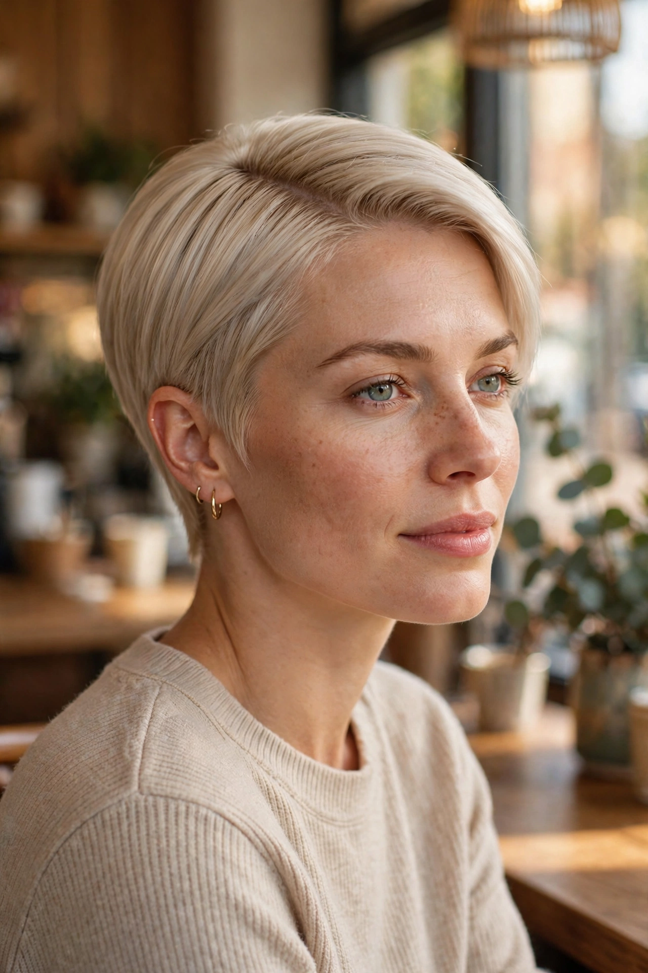 A woman with a tapered cut and a side part in platinum blonde, sitting in a cafe in warm daylight, shown from the shoulders up, with a polished, sleek finish.