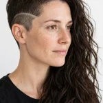A woman with a bold side undercut and a long, textured top in dark brown, photographed in a bright studio with a plain light background, shown in three-quarter view so both the clipped side and the long top are visible.