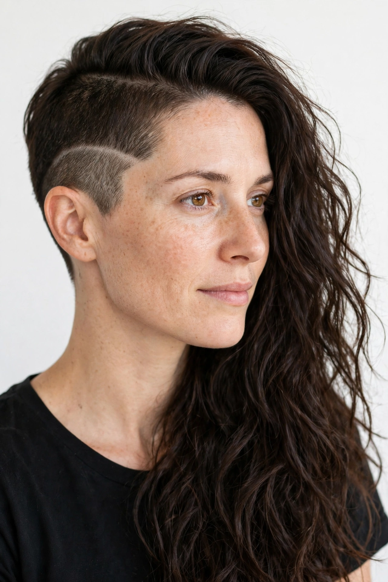 A woman with a bold side undercut and a long, textured top in dark brown, photographed in a bright studio with a plain light background, shown in three-quarter view so both the clipped side and the long top are visible.