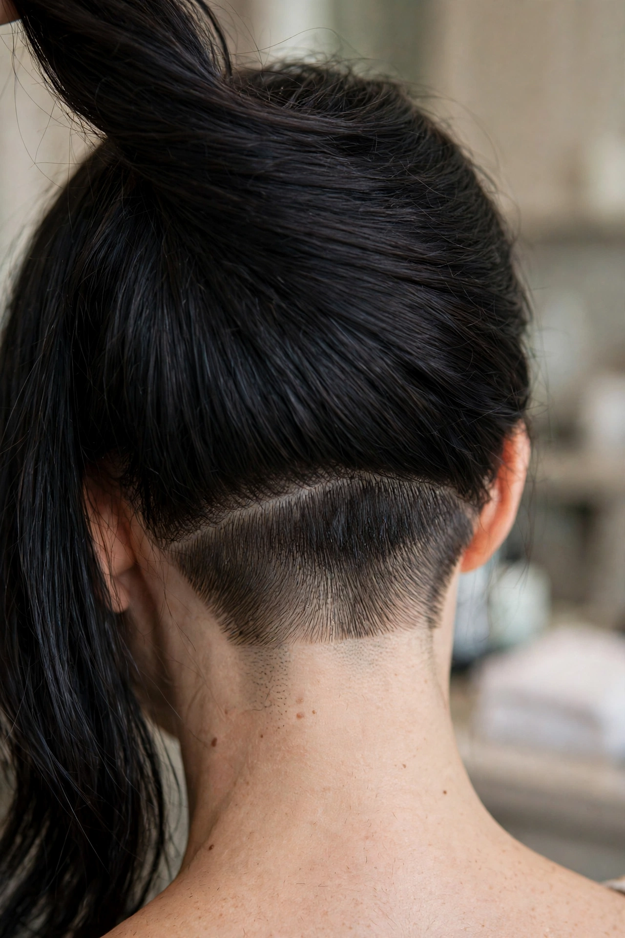Close-up of the back of a woman's head showing a hidden nape undercut in black hair beneath longer top hair, photographed in soft salon light, with the short panel clearly visible where the top hair is lifted.