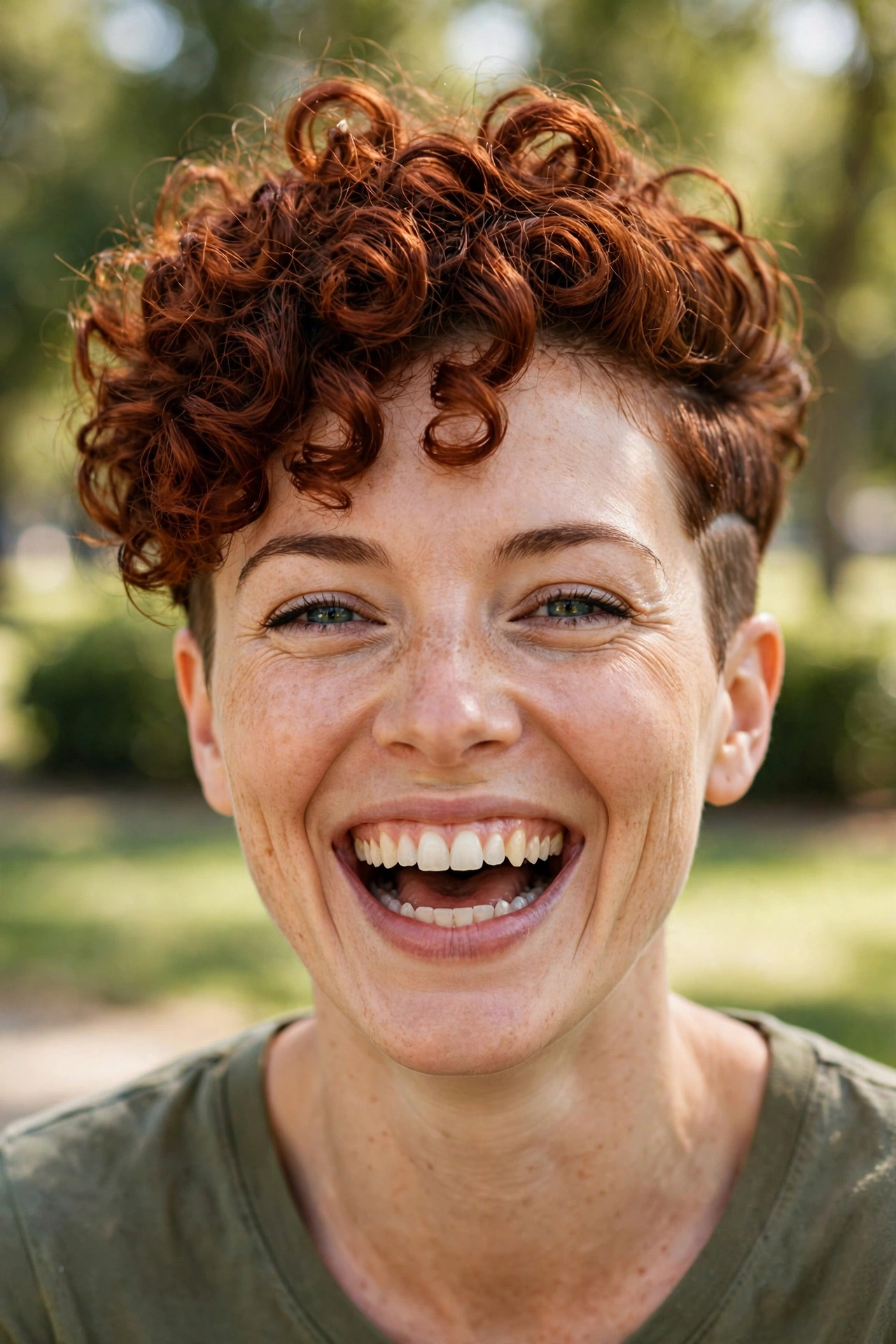 A woman with a curly top and clipped sides in rich auburn, laughing outdoors in a sunny park with blurred greenery, shown chest-up with defined curls on top and neat short sides.