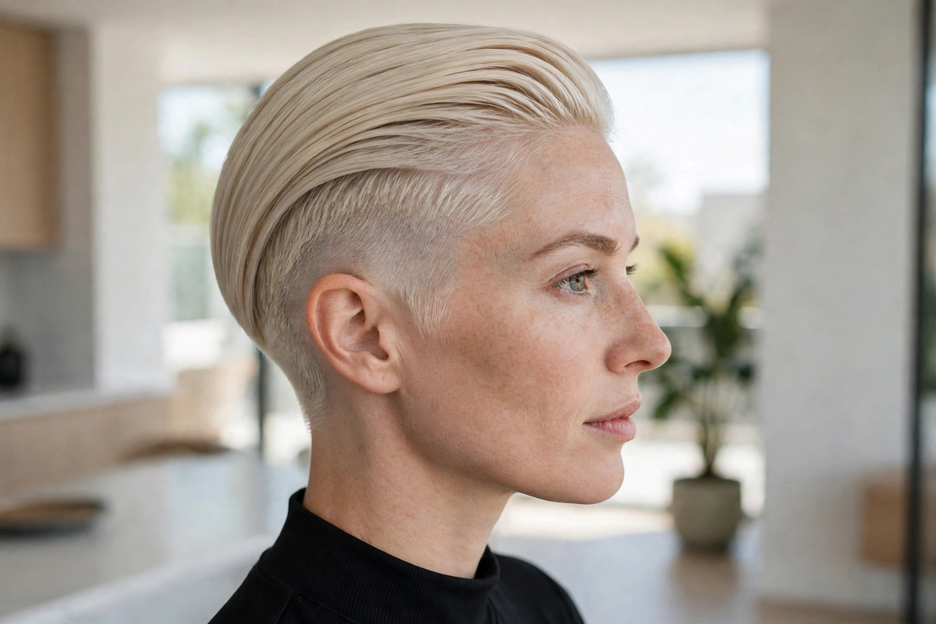 A woman with a sleek top and a faded undercut in platinum blonde, photographed in a modern bright interior, shown in side profile with a smooth glossy top and a graduated faded side.