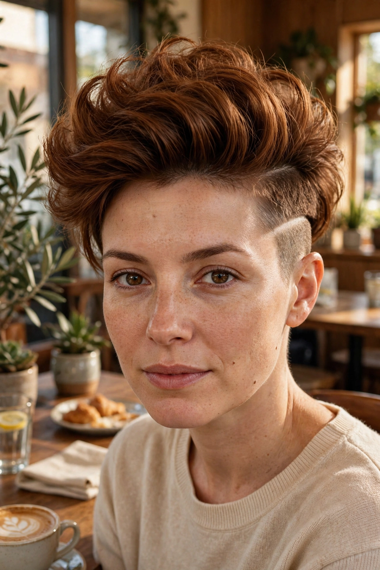 A woman with a voluminous top and a side undercut in warm chestnut, sitting in a cafe in warm daylight, shown from the front with height at the crown and the visible side undercut.