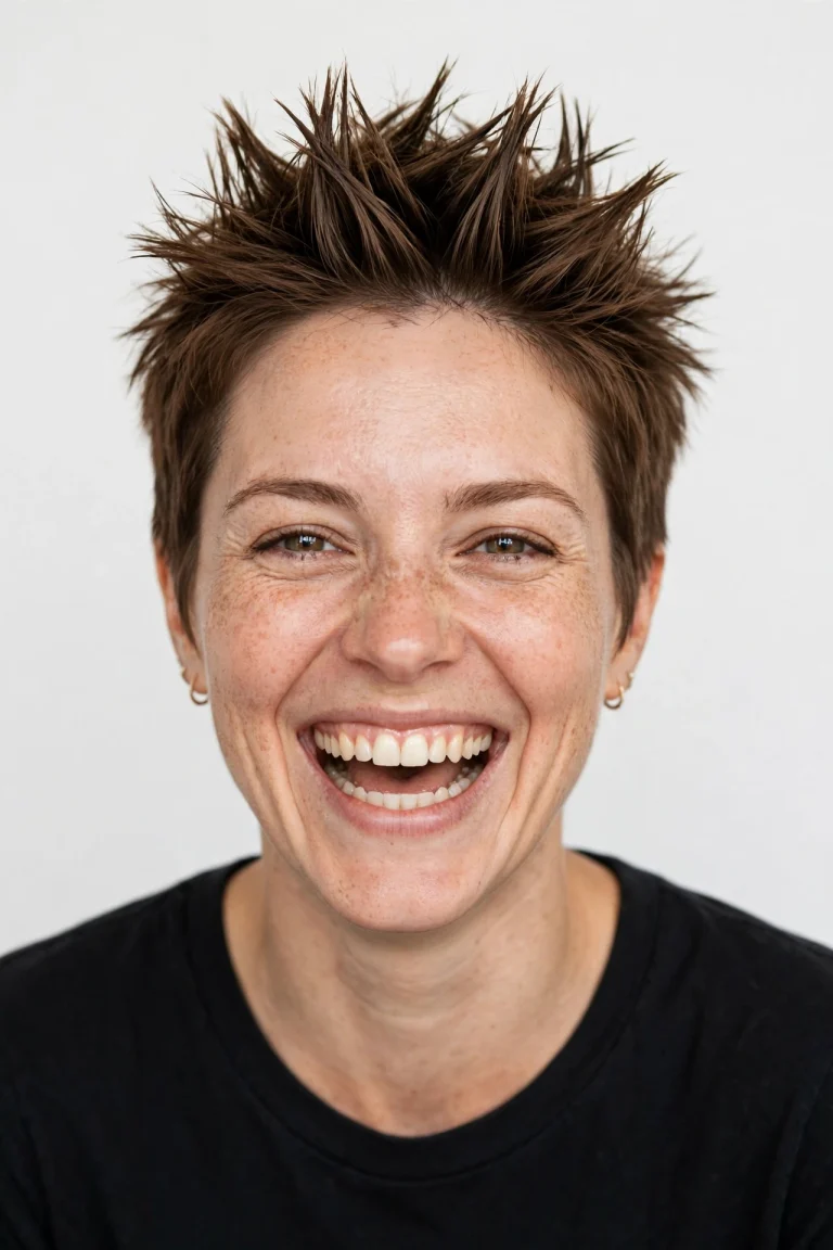 A woman with a short spiky cut in warm medium brown, laughing in a bright studio with a plain light background, shown chest-up from the front, with defined upward spikes across the top clearly visible.