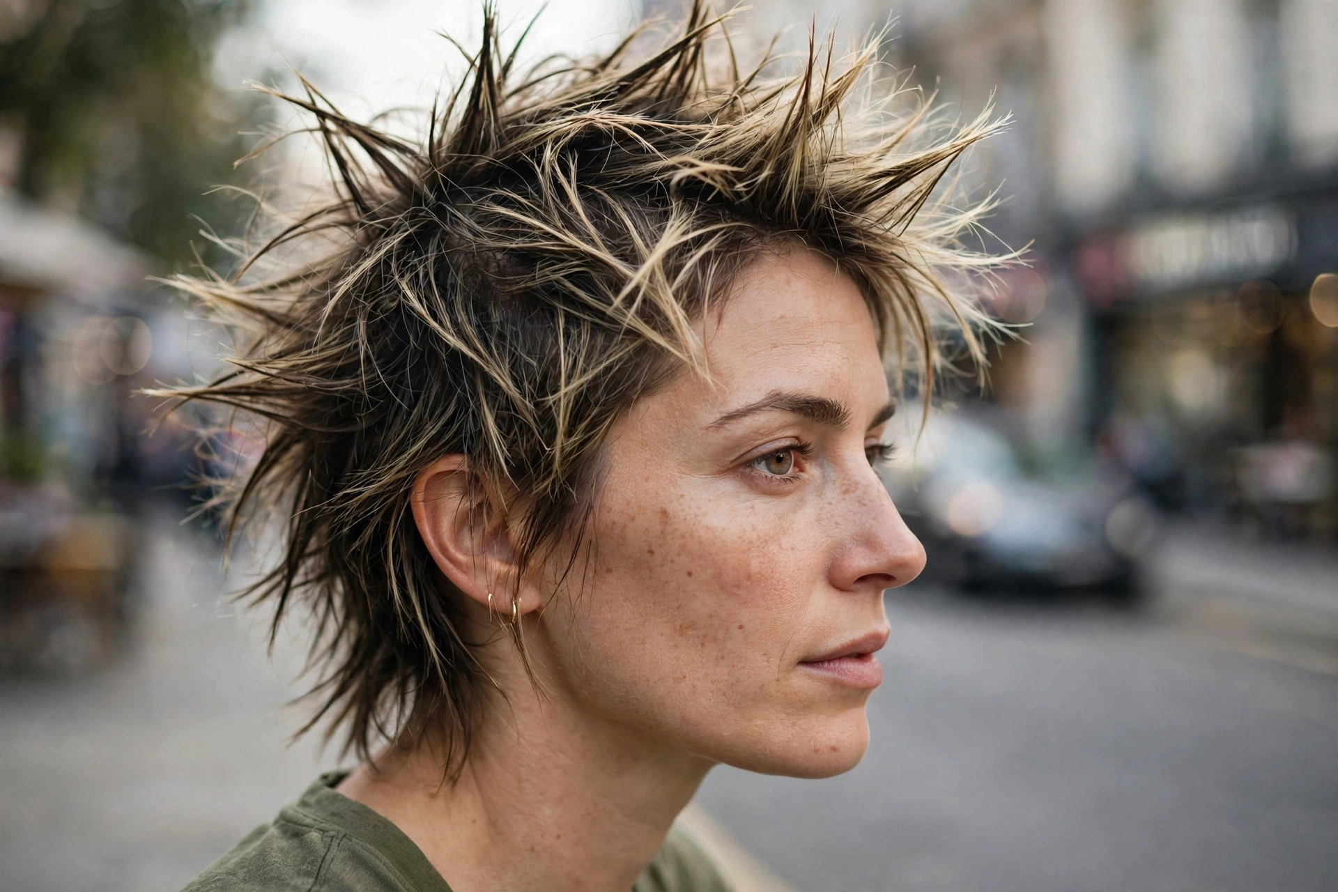 Close-up side view of a woman with messy spiky hair in dark blonde, photographed outdoors in soft daylight against a blurred street background, showing spikes pointing in different directions.