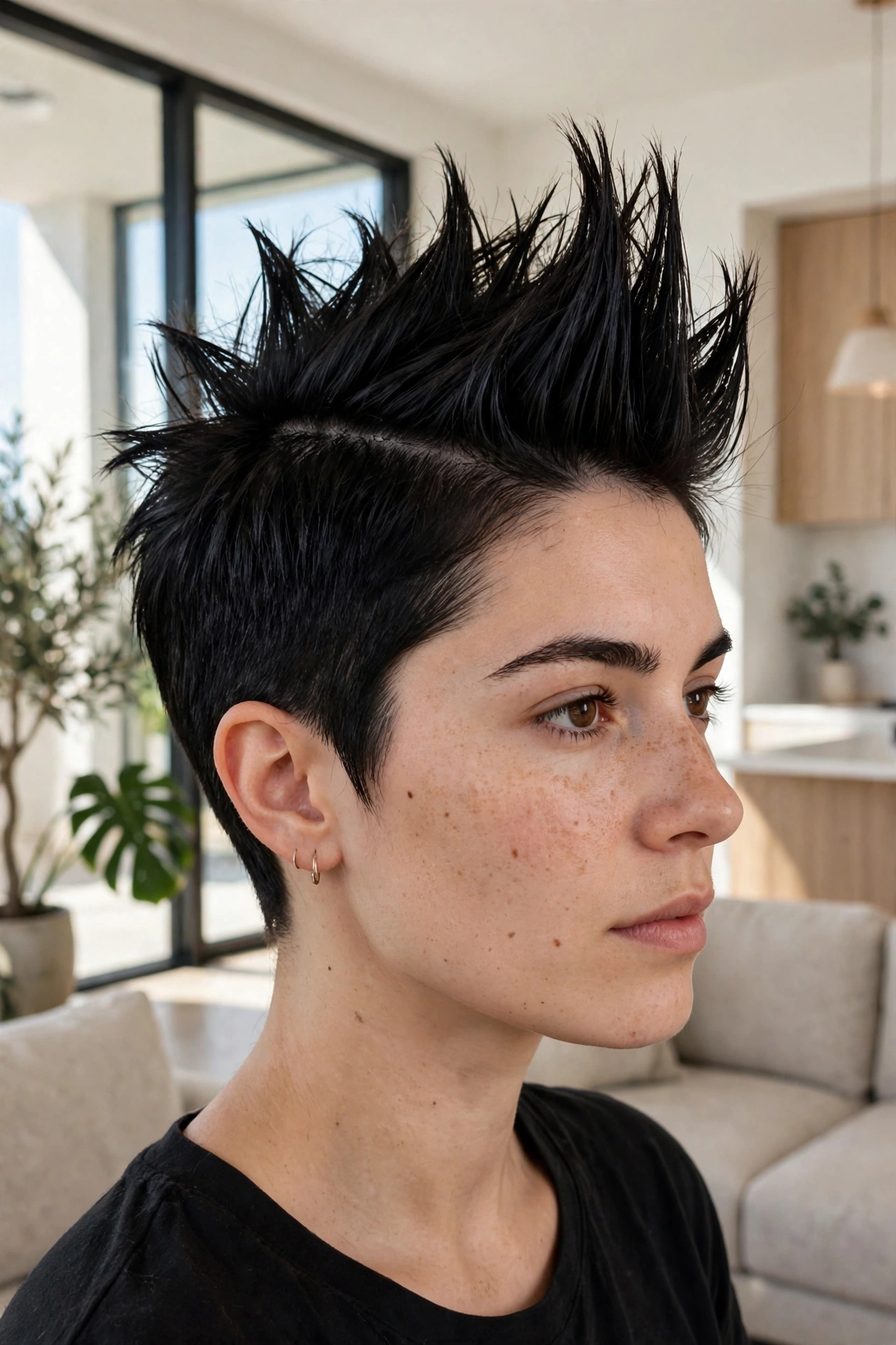 A woman with a spiky fauxhawk-style cut in deep black, photographed in a bright modern interior, shown in three-quarter view with the centre strip lifted and sides smooth.