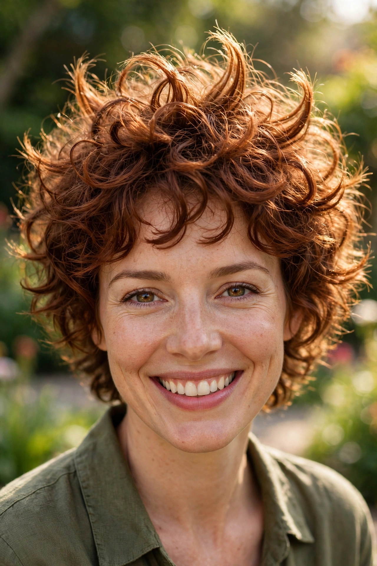 A woman with a curly spiky top in rich auburn, smiling in a sunny garden with blurred greenery, shown shoulders up with soft lifted curls forming gentle spikes.