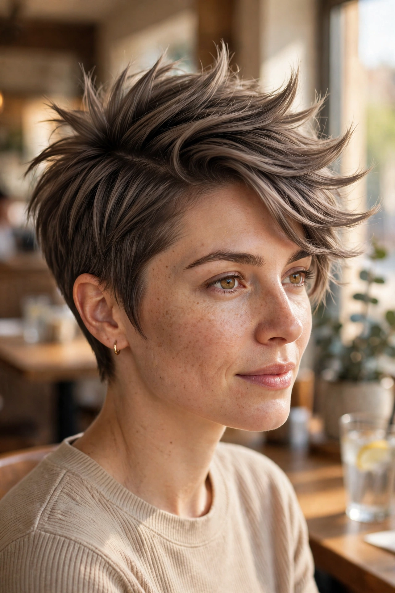 A woman with a sleek spiky cut with a side sweep in ash brown, sitting in a cafe in warm daylight, shown from the shoulders up, with spikes swept to one side.