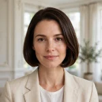 A woman with a classic chin-length bob in glossy dark brown, photographed in a bright elegant interior with soft daylight, shown chest-up from the front, wearing a beige blazer, with a smooth polished finish and a clean outline.