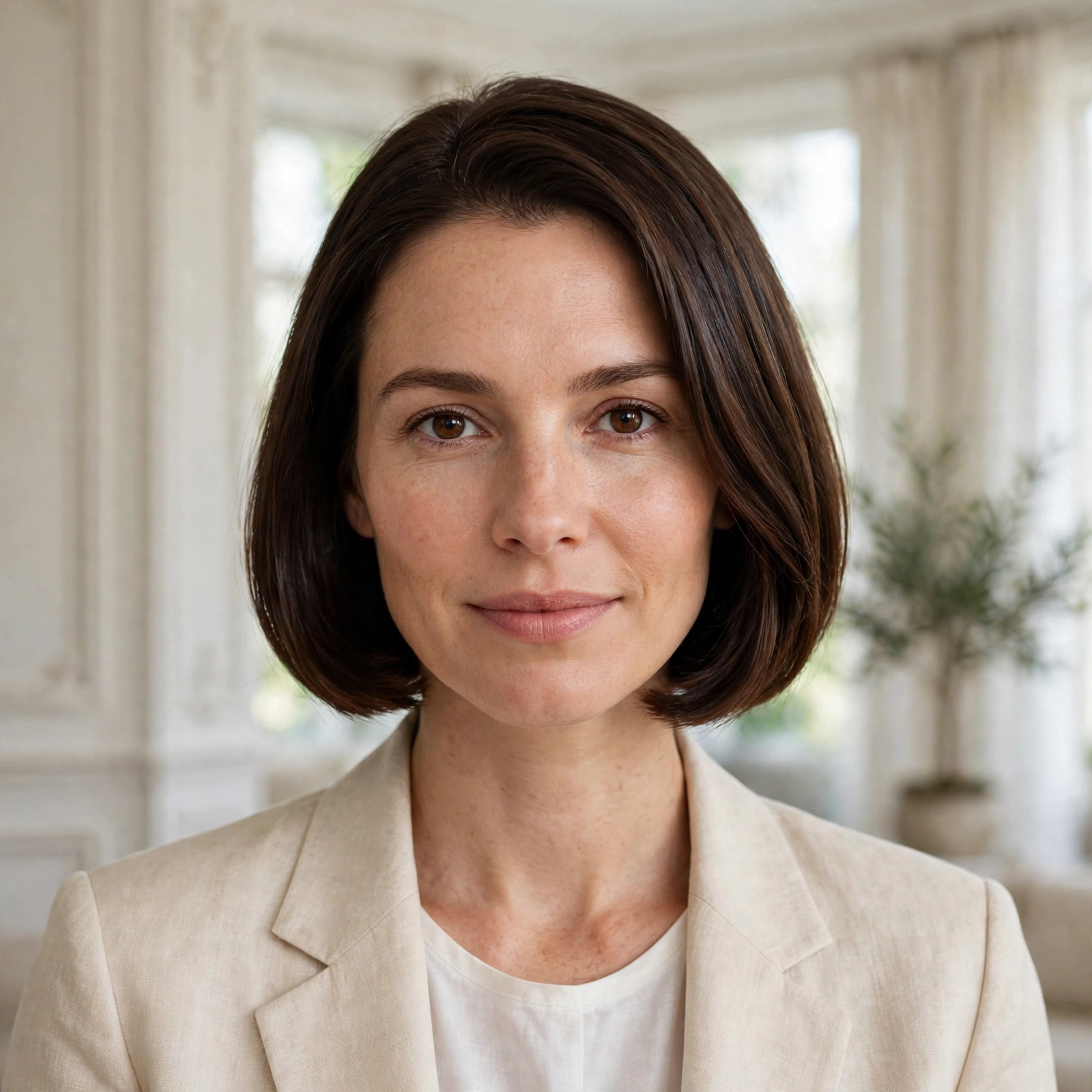 A woman with a classic chin-length bob in glossy dark brown, photographed in a bright elegant interior with soft daylight, shown chest-up from the front, wearing a beige blazer, with a smooth polished finish and a clean outline.