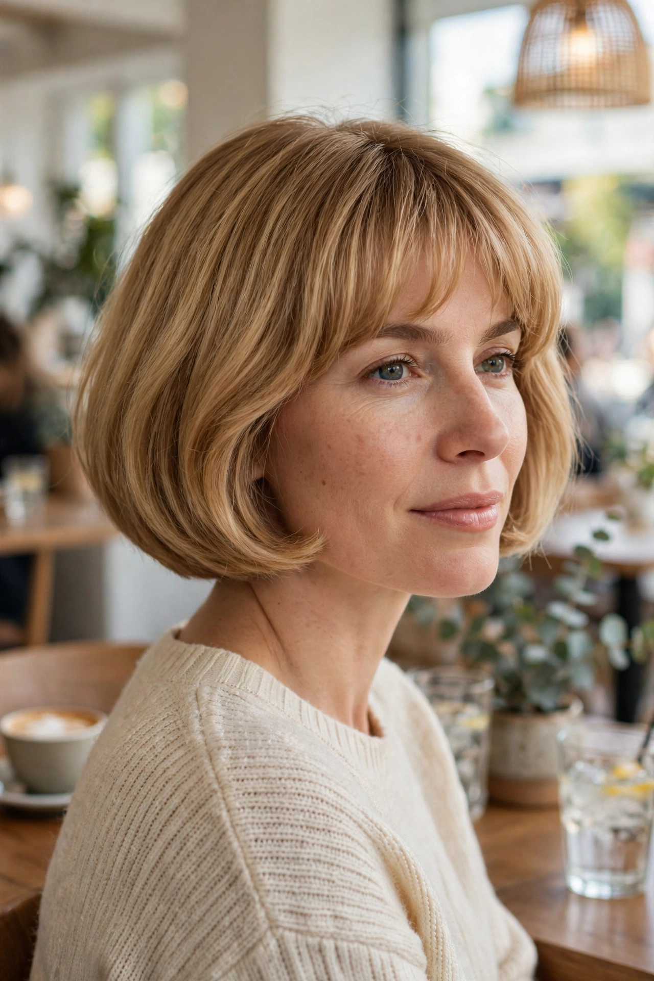 A woman with a classic French bob in warm blonde, sitting in a bright cafe in daylight, shown in three-quarter view with a soft rounded shape and a gentle fringe, wearing a cream knit sweater.