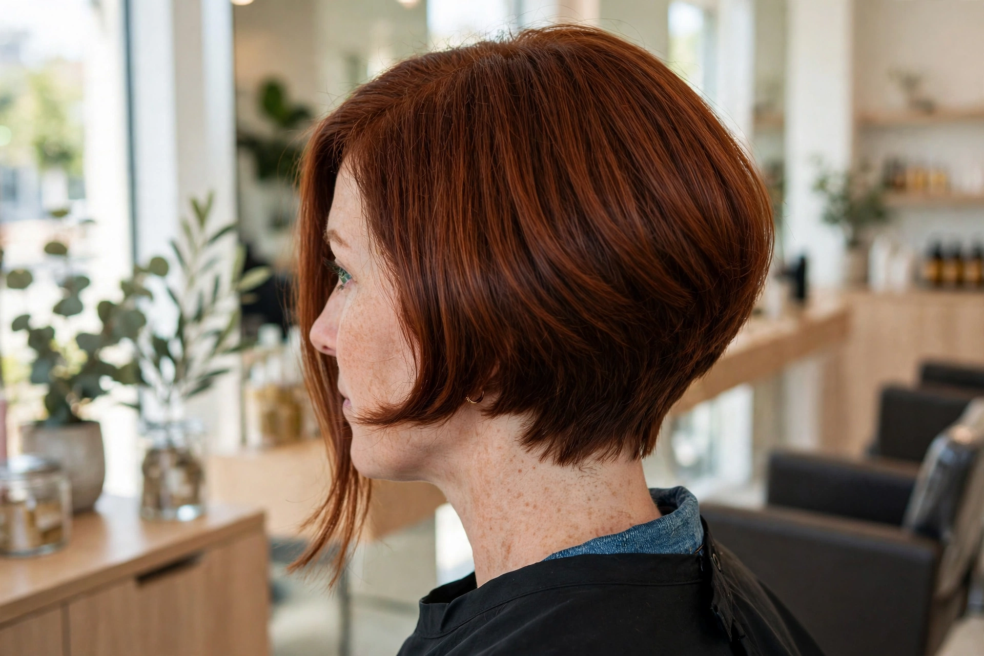 A woman with a classic graduated bob in rich auburn, photographed in a bright salon, shown from a three-quarter back angle so the graduated back and longer front are visible, wearing a black salon cape.