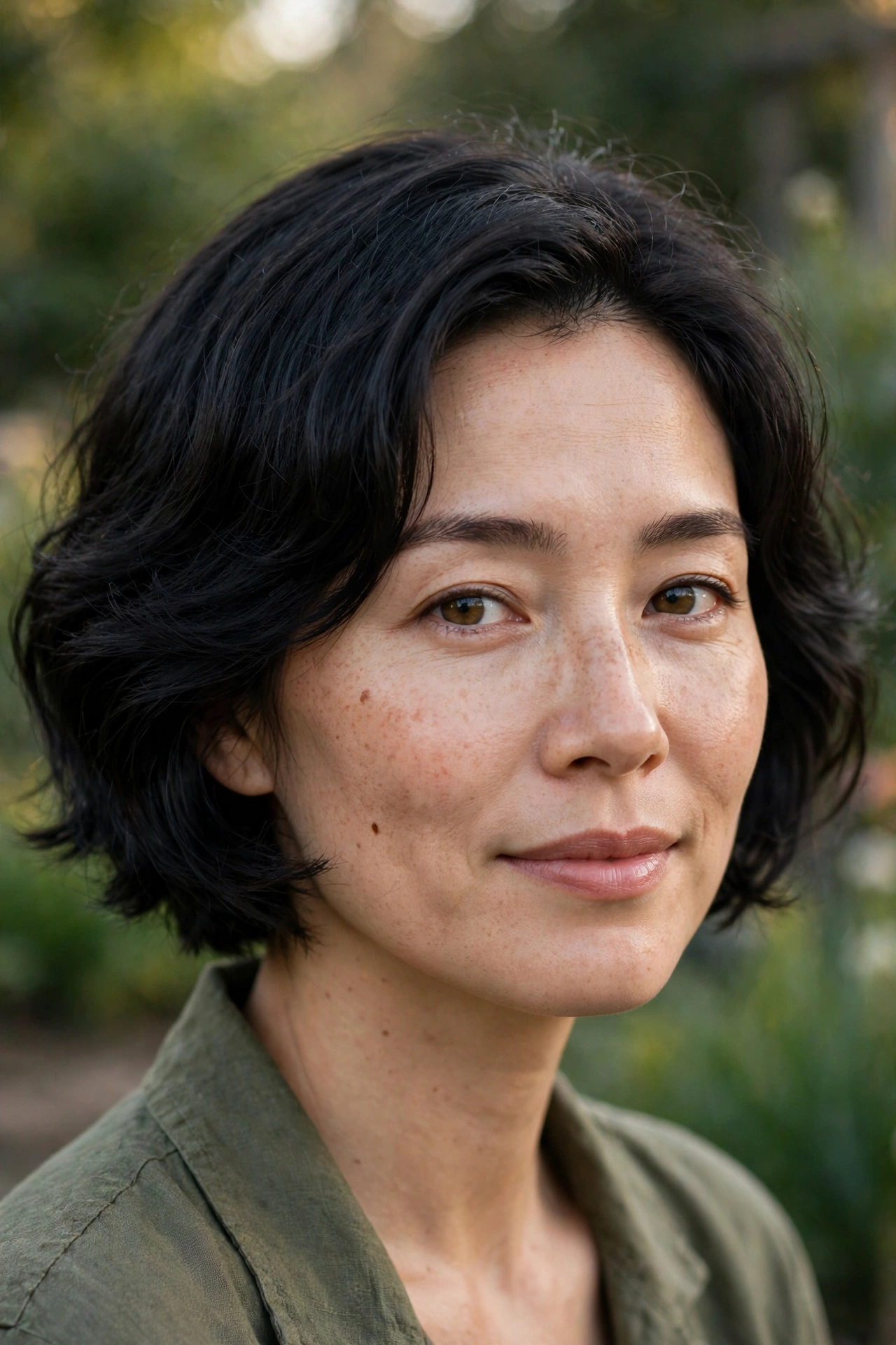 A woman with a classic short cut with soft waves in black hair, photographed outdoors in soft afternoon light in a garden with blurred greenery, shown shoulders up with gentle waves, wearing an olive shirt.