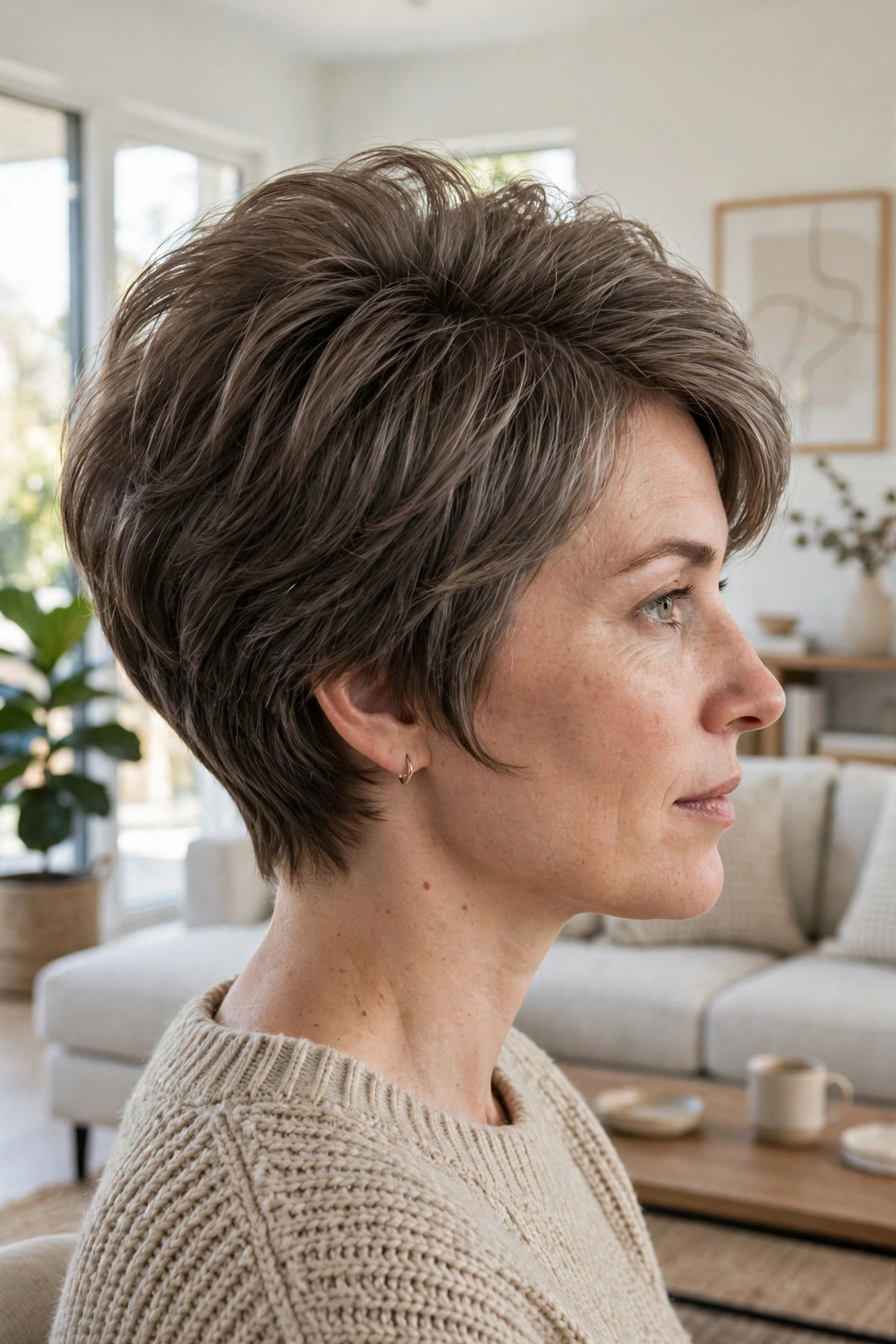 Side profile of a woman with a very short wedge/pixie-style cut with a tapered nape in ash-brown with grey blending, fuller crown, in a bright living room, wearing a beige knit sweater and a small gold hoop earring.