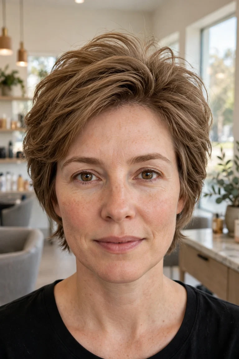A woman with a short layered cut for fine hair in light brown, photographed in a bright salon with soft daylight, shown chest-up from the front, wearing a black top, with visible lift and fullness at the crown.
