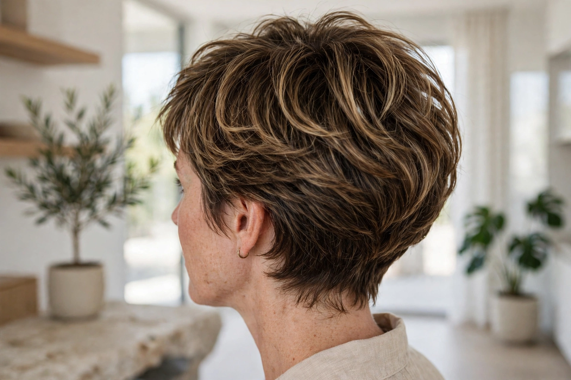 Close-up of a woman with a stacked short cut with a rounded, voluminous back, hair with blonde highlights over brown, photographed in a bright modern interior, shown from a three-quarter back angle, wearing a gold hoop earring and a beige shirt.