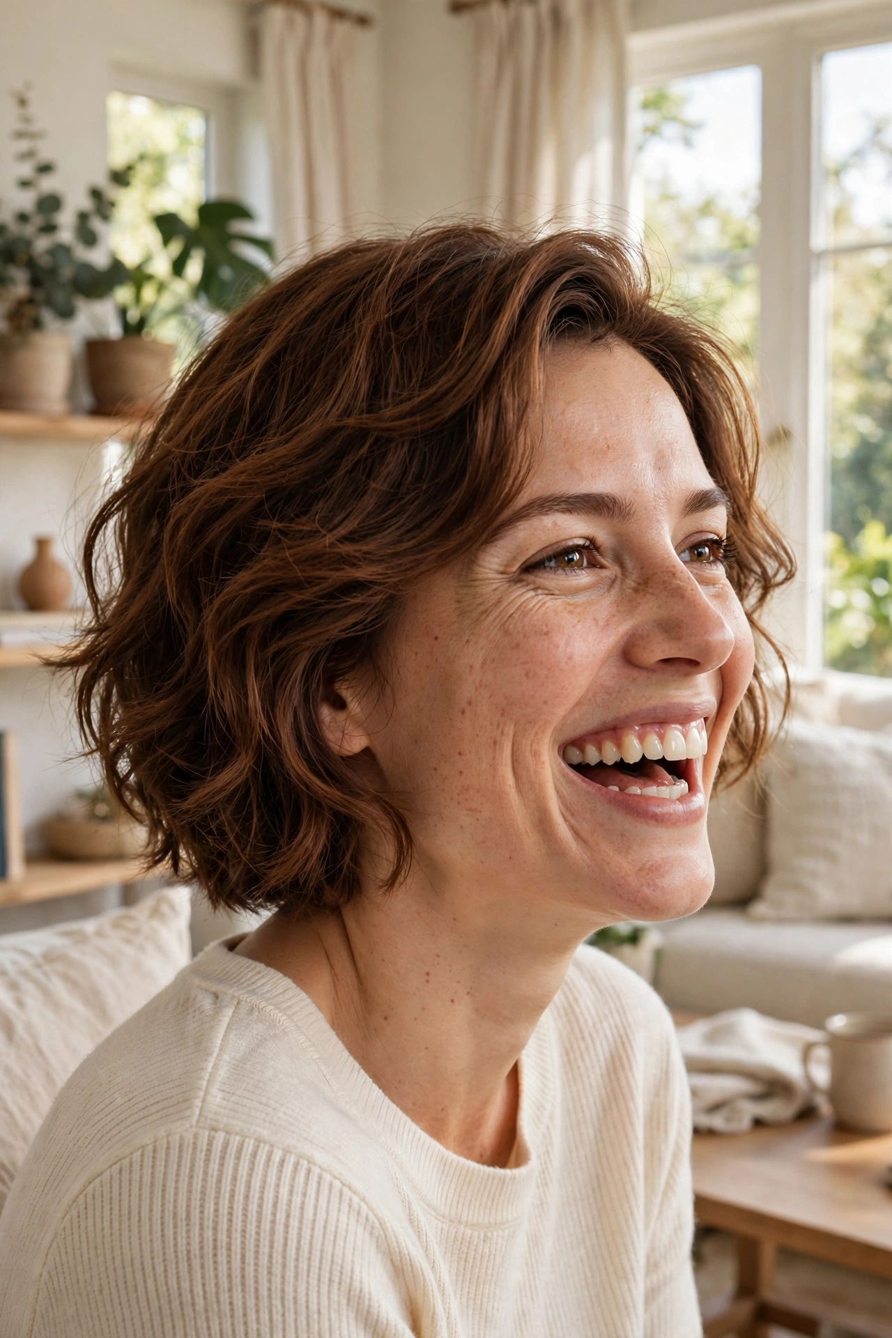 A woman with a wavy cut in warm chestnut at jaw/chin-length bob length, laughing in a sunny living room, shown shoulders up with soft waves and side volume, wearing a cream sweater.
