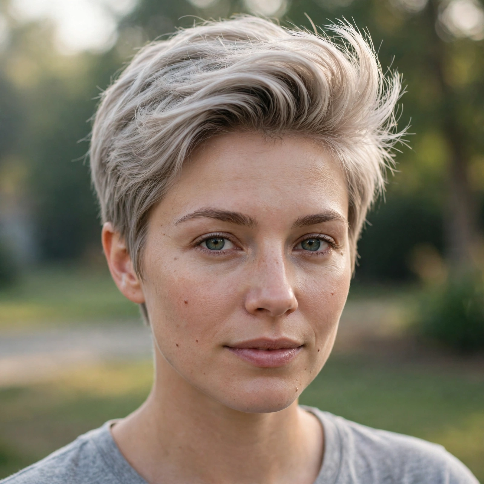 A woman with a very short pixie in silver/platinum-white hair with a tall swept fringe, photographed outdoors in gentle morning light, shown from the front with height at the fringe and crown, wearing a grey top.